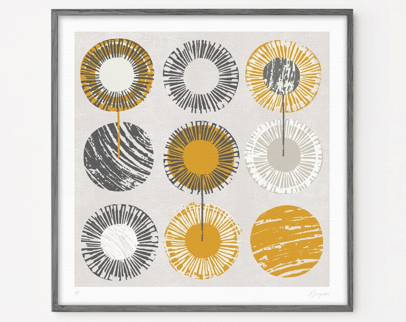 Ochre Abstract Print Mustard and Grey Wall Art Mid Century Etsy