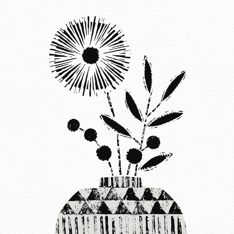 Bohemian Flower Print, Black and White Vase Print, Monochrome Print, Tribal Home Decor, Minimalist Wall Art, Boho Flower Print, Unframed image 5