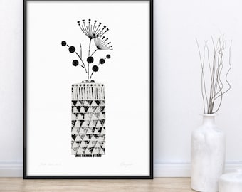 Minimalist Flower Print, Boho Style Art, Black and White Floral Print, Ethnic Wall Decor, Monochrome Geometric Print, A4 A3, Unframed