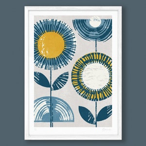 May include: Abstract art print featuring three stylized flowers in shades of blue and yellow on a light gray background.
