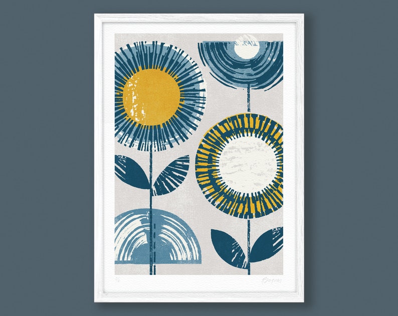 May include: Abstract art print featuring three stylized flowers in shades of blue and yellow on a light gray background.