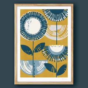 May include: Abstract art print featuring stylized flowers in shades of blue and yellow. The print has a modern, geometric design and is framed in a natural wood frame.