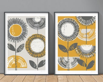Set of 2 Retro Flower Prints, Grey & Mustard Yellow, Mid Century Modern Wall Art, Ochre Flower Print, Bright Flower Print, A4, A3, Unframed
