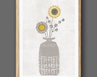 Vintage Vase No1, Mid Century Flower Print, Botanical Art, Scandinavian Style, Mustard Art, Yellow and Grey Vase of Flowers, A4 A3, Unframed