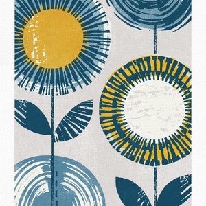 May include: Abstract art print featuring three stylized flowers with blue, yellow, and white circular patterns on a light gray background. The print is signed "Barnes".