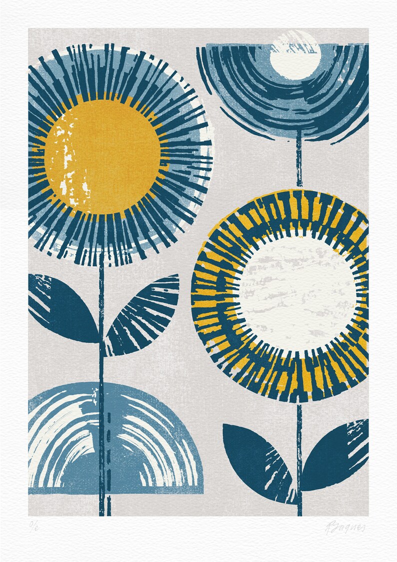 May include: Abstract art print featuring three stylized flowers with blue, yellow, and white circular patterns on a light gray background. The print is signed "Barnes".