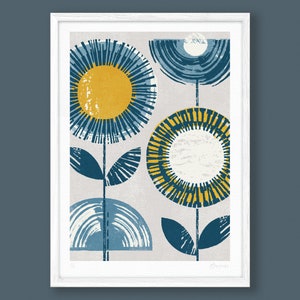 Retro Flower Print, Ochre Yellow & Navy Blue, Mid Century Art, Scandinavian Print, Blue yellow and grey, Mustard Yellow, A4, A3, Unframed