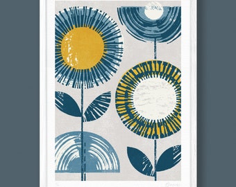 Retro Flower Print, Ochre Yellow & Navy Blue, Mid Century Art, Scandinavian Print, Blue yellow and grey, Mustard Yellow, A4, A3, Unframed