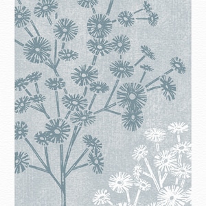 May include: A blue and white floral print with a textured background. The print features stylized flowers with a circular shape.