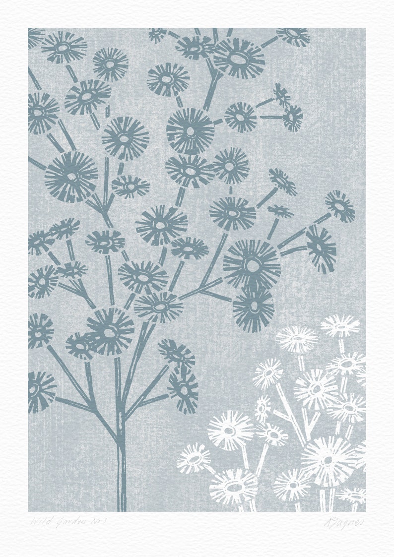 May include: A blue and white floral print with a textured background. The print features stylized flowers with a circular shape.