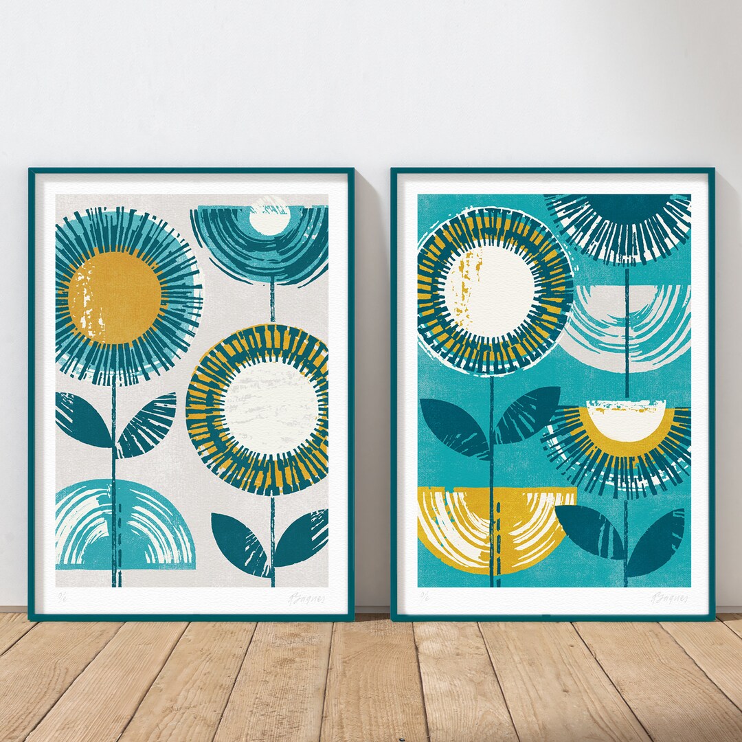 Pair of Retro Flower Prints, Teal & Yellow Wall Art, Mid Century
