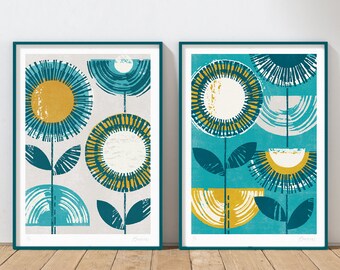 Pair of Retro Flower Prints, Teal & Yellow Wall Art, Mid Century Flowers, Turquoise Wall Art, Teal Wall Decor, Contemporary Floral, unframed