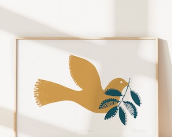 Bird of Peace Print, Retro Dove Print, A4 A3, Ochre and Navy Blue, Terracotta, Duck Egg Blue, Mid Century, Scandinavian Bird Print, Unframed