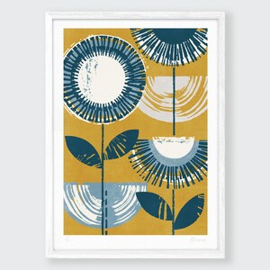 May include: Abstract art print featuring stylized blue and white flowers on a yellow background. The print is framed in white.