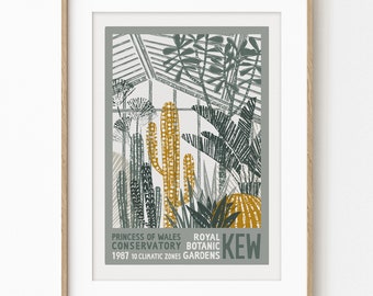 Kew Gardens Print, Princess of Wales Conservatory, Royal Botanical Gardens, London, Botanical Art, Sage Green, Ochre Yellow, A4/A3, Unframed