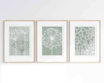 Set of 3 Sage Green Prints, Seed Head Art, Botanical Art, Natural Wall Decor, Grey Green, Tranquil Living Room, Green Bedroom Art, Unframed