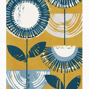 May include: A digital art print featuring three stylized flowers with blue and white petals on a yellow background. The print is signed "Barnes".