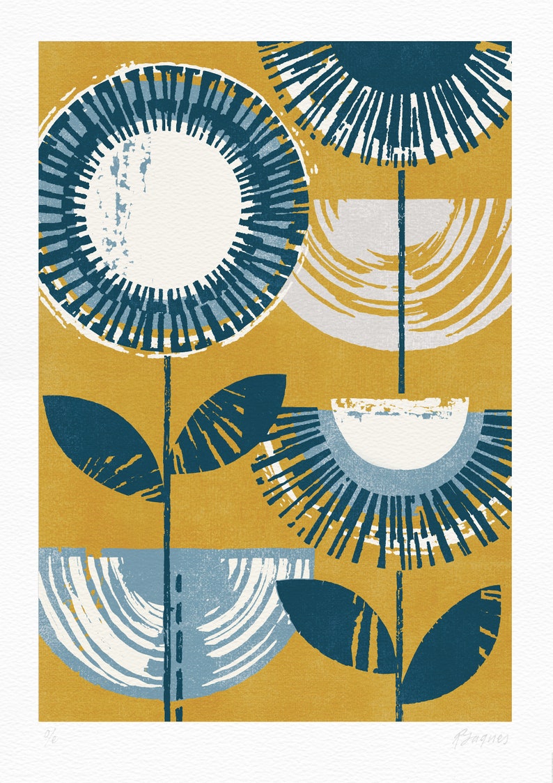 May include: A digital art print featuring three stylized flowers with blue and white petals on a yellow background. The print is signed "Barnes".
