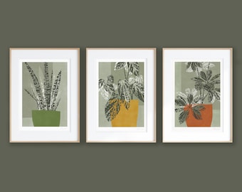 Set of 3 Abstract Plant Prints, Olive Green Botanical Wall Decor, House Plant Art, Pot Plants, Mustard Yellow, Terracotta, A4, A3, Unframed