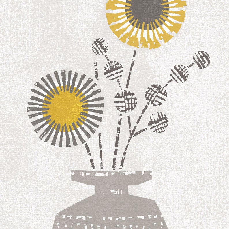May include: A gray vase with a textured surface holds a bouquet of stylized flowers with yellow and gray accents. The flowers have a geometric design.