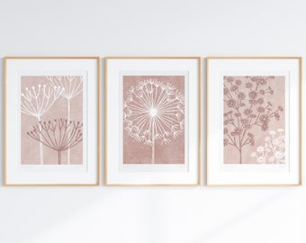 Set of 3 Blush Pink Prints, Seed head Prints, Rose Gold Botanical Art, Blush Pink Wall Decor, Rose Gold Bedroom Decor, Blush Pink Botanical
