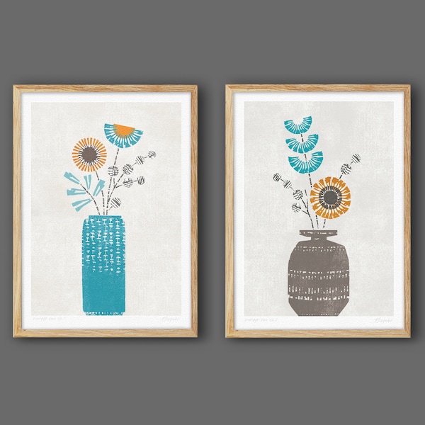 Pair of Vintage Flower Prints, Mid Century Wall Art, Teal, Orange, Grey, Aqua, Scandinavian Flower Print, Vintage Botanical, A4 A3, Unframed