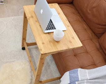Bamboo TV Tray Table With Wheels (C Shape)