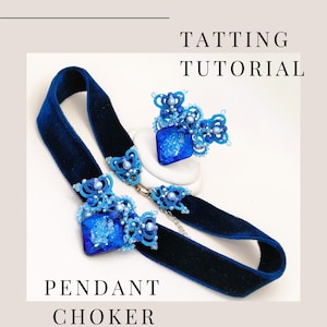 Choker. Tatting patern Frivolite tutorial. Weaving two shuttles. Sequence of sewing beads. Step by step. Adding a ribbon to the fragments.