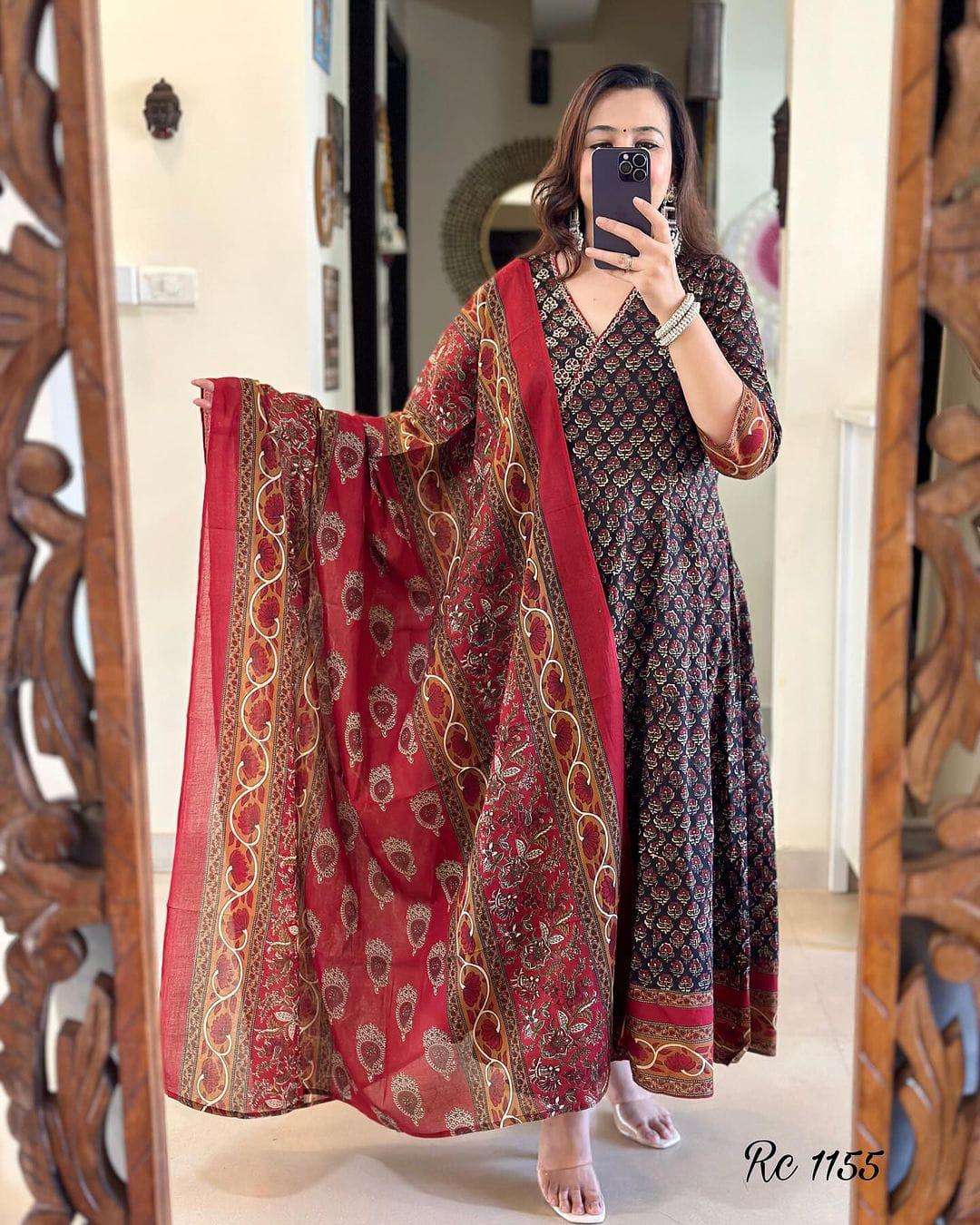 Pure Cotton jaipuri print ethnic wear anarkali kurta set. 3 piece set for Woman. Festival Wear and Special Occasion/ Party Wear Office wear.