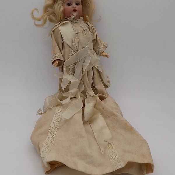 Very old doll, collection doll,19th century,Porcelain doll,the body and limbs ceramic,smooth,with her christening dress