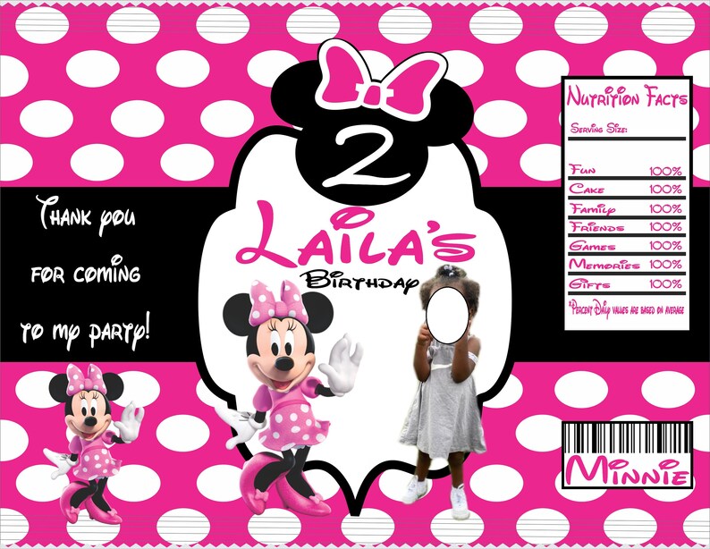 Personalized Pink and black Minnie chip bag for birthday or baby shower