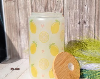 Lemon frosted glass can tumbler with bamboo lid and straw