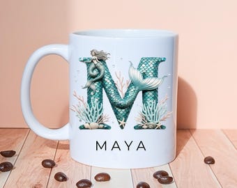 Personalised Mermaid Initial Mug, Teal Ceramic Custom Name Coffee Cup