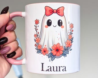 Personalised Floral Ghost Pink Mug: Custom Halloween Mug