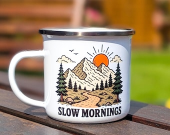 Slow Mornings Enamel Camping Mug | Retro Mountain Hiking Tin Cup Adventure Gift UK