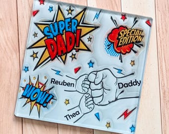 Personalised super dad glass coaster up to 5 children holding hands fist bump for fathers day, cute daddy gift from daughter 1st fathers day