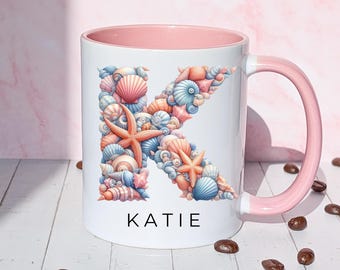 Personalised Sea Shell Initial Mug, Custom Name Pastels Ceramic Coffee Cup