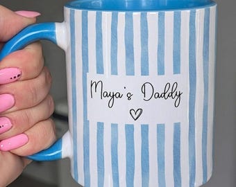 Personalised Blue Striped Mug for Dad, Custom Name Gift, First Father's Day