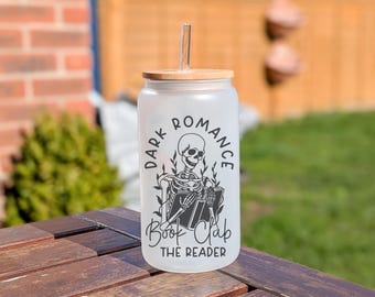 Bookish Frosted Glass Tumbler: Dark Romance Reader with Bamboo Lid