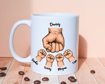 Personalised dad mug up to 8 children fist bump mug for fathers day, cute daddy gift from daughter, 1st fathers day