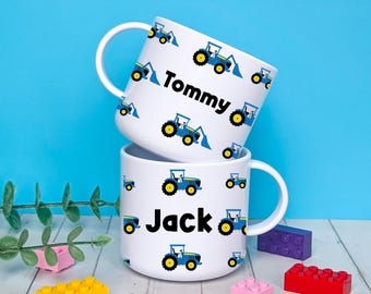 6oz Unbreakable Personalised Tractor Kids Mug, Custom Name Digger Polymer Cup