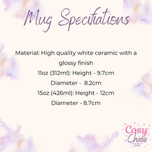 May include: White ceramic mug specifications with glossy finish. Includes dimensions for 11oz and 15oz mugs: 11oz (312ml) height 3.8 inches, diameter 3.2 inches; 15oz (426ml) height 4.7 inches, diameter 3.4 inches. The text "Mug Specifications" is at the top.