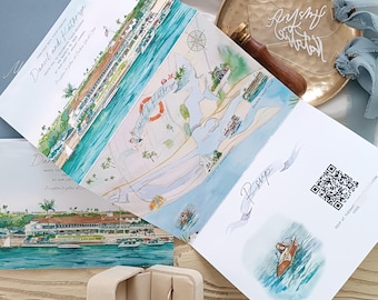 California Coastal Trifold Wedding Invitation with Venue Illustration