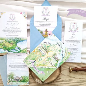 Handgemalte Hochzeitseinladung, handgezeichnetes Aquarell für Hochzeitseinladungen, personalisiertes Briefpapier für die Hochzeit, benutzerdefinierte Landkarte für die Hochzeitsfeier