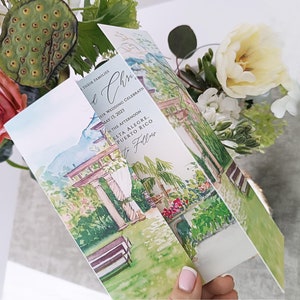 Custom Trifold Wedding Invitation, Custom Gatefold Watercolor Wedding Invitation, Venue Watercolor Save The Date, Tropical Folded Invitation