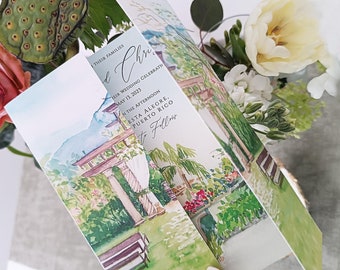 Bespoke Gatefold Wedding Invitation: Tropical Folded Invite with Real Watercolors, All in One