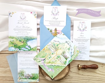 Fully Custom Invitation Set for Destination Wedding: Watercolor Venue and Crest, Map, Menu