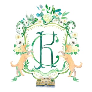 Bespoke Watercolor Crest With Pet, Custom Wedding Invitation Crest, Personalized Monogram, Crest Logo, Hand Painted Wedding Stationery