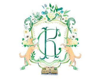 Custom Green Wedding Crest with Pet, Hand Painted Watercolor Stationery, White Roses, Invitation Monogram