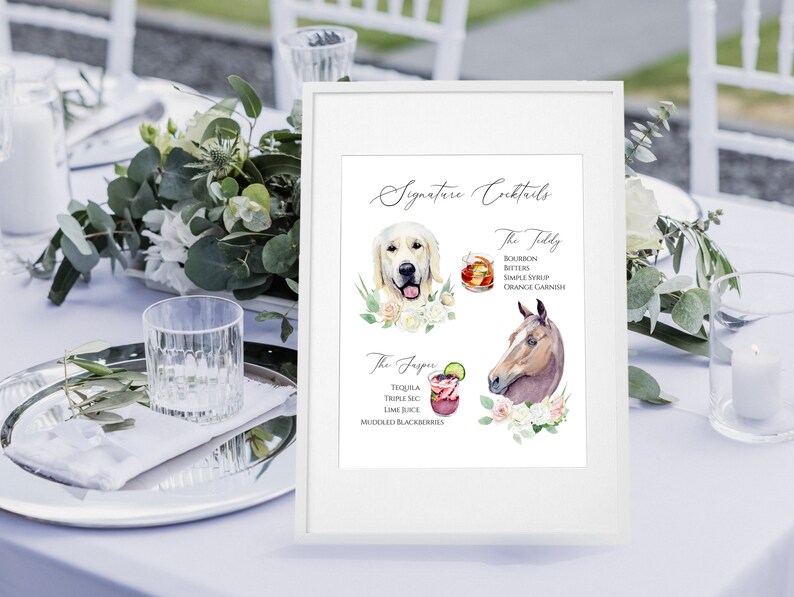 May include: A white framed sign with the title "Signature Cocktails" and two cocktail recipes. The first recipe is called "The Filly" and features a golden retriever illustration. The second recipe is called "The Frspr" and features a horse illustration.